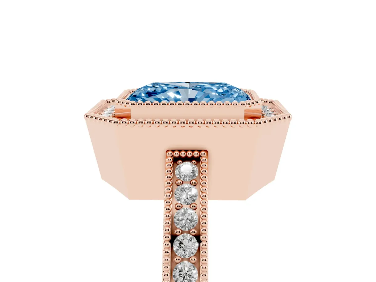 Fancy Blue Radiant Cut Cut Halo Diamond Ring with Pavé Band and Milgrain Prong Setting Rose gold