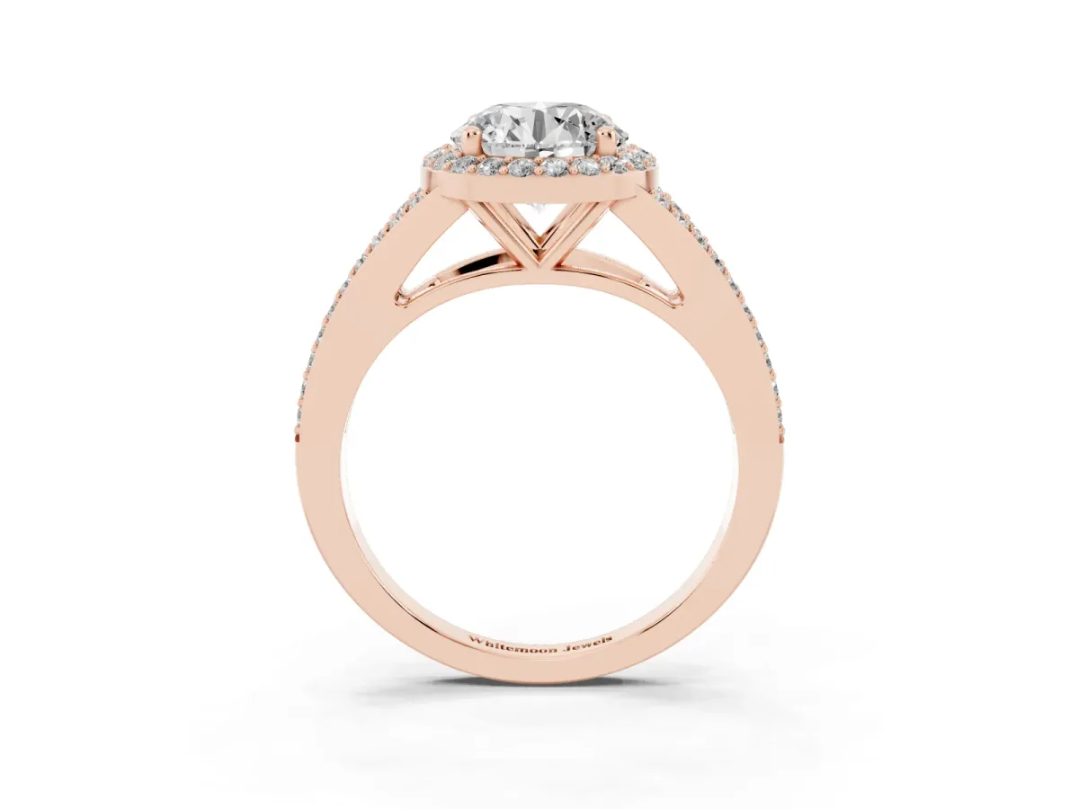 Round Cut Halo Split Shank Diamond Ring with Prong Setting Rose gold
