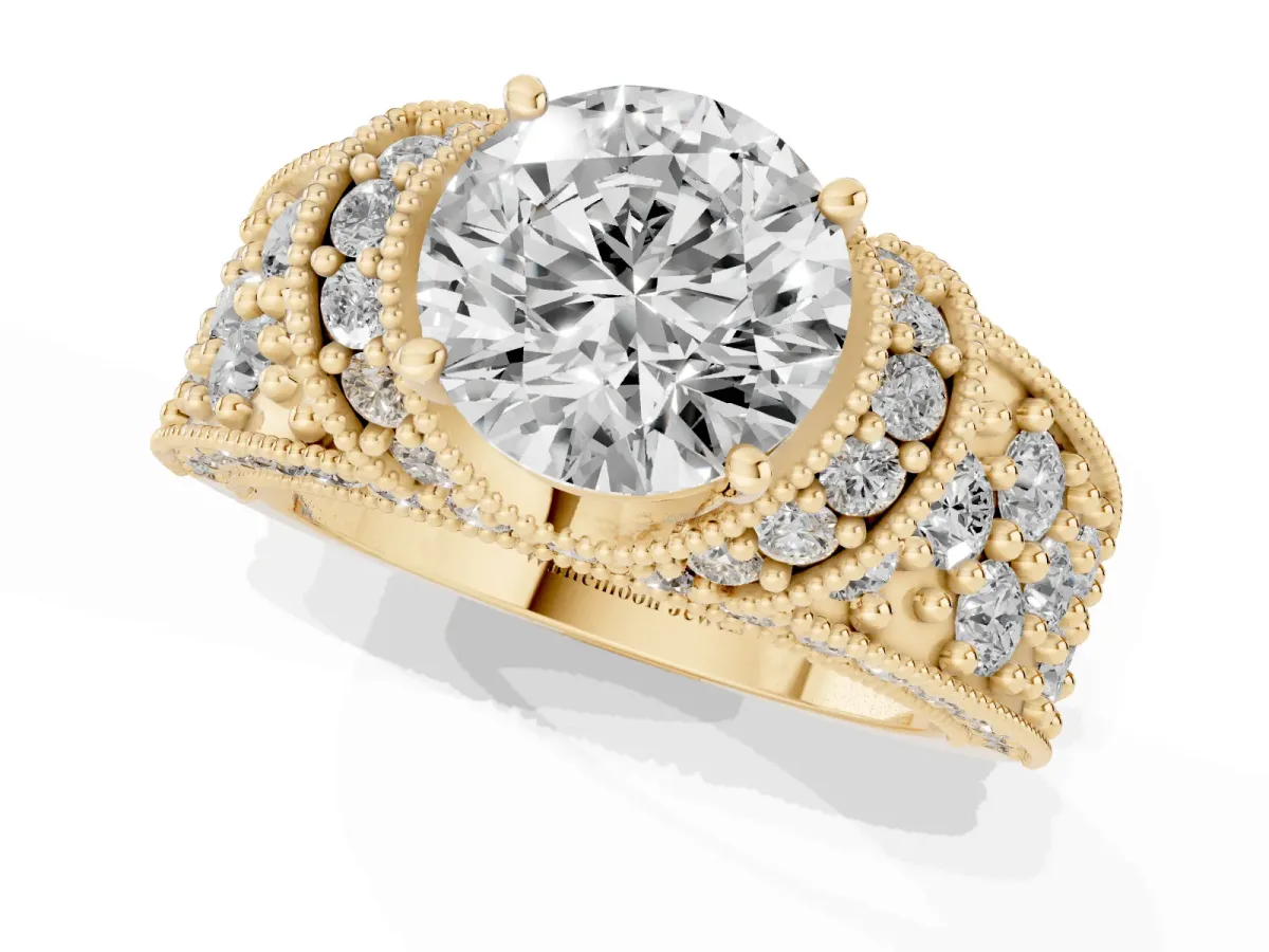 Round Cut Halo Pave Diamond Engagement Ring with Milgrain Detailing Yellow gold