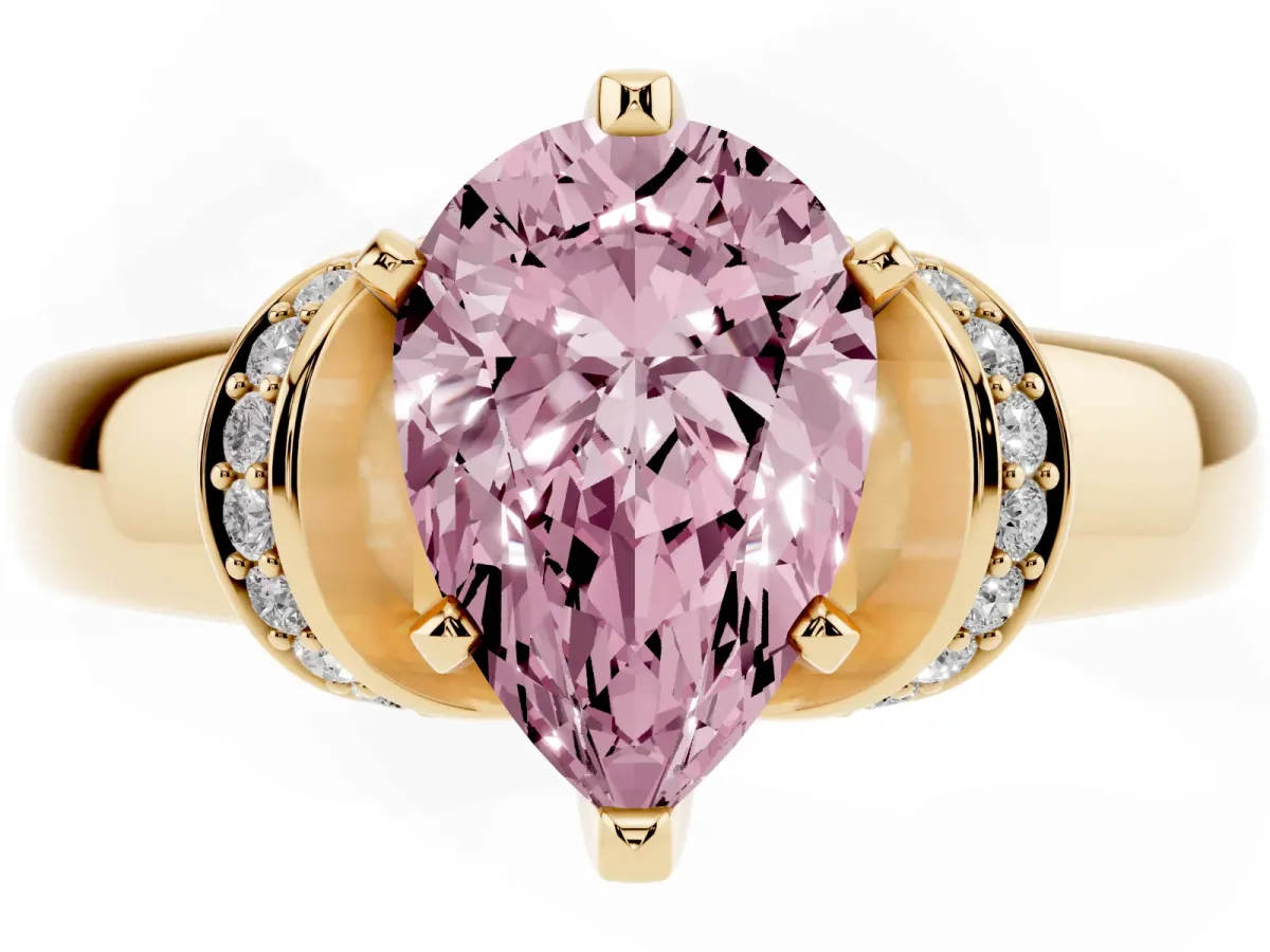 Fancy Pink Pear Cut Solitaire Diamond Ring with Pave Band and Six-Prong Setting Yellow gold