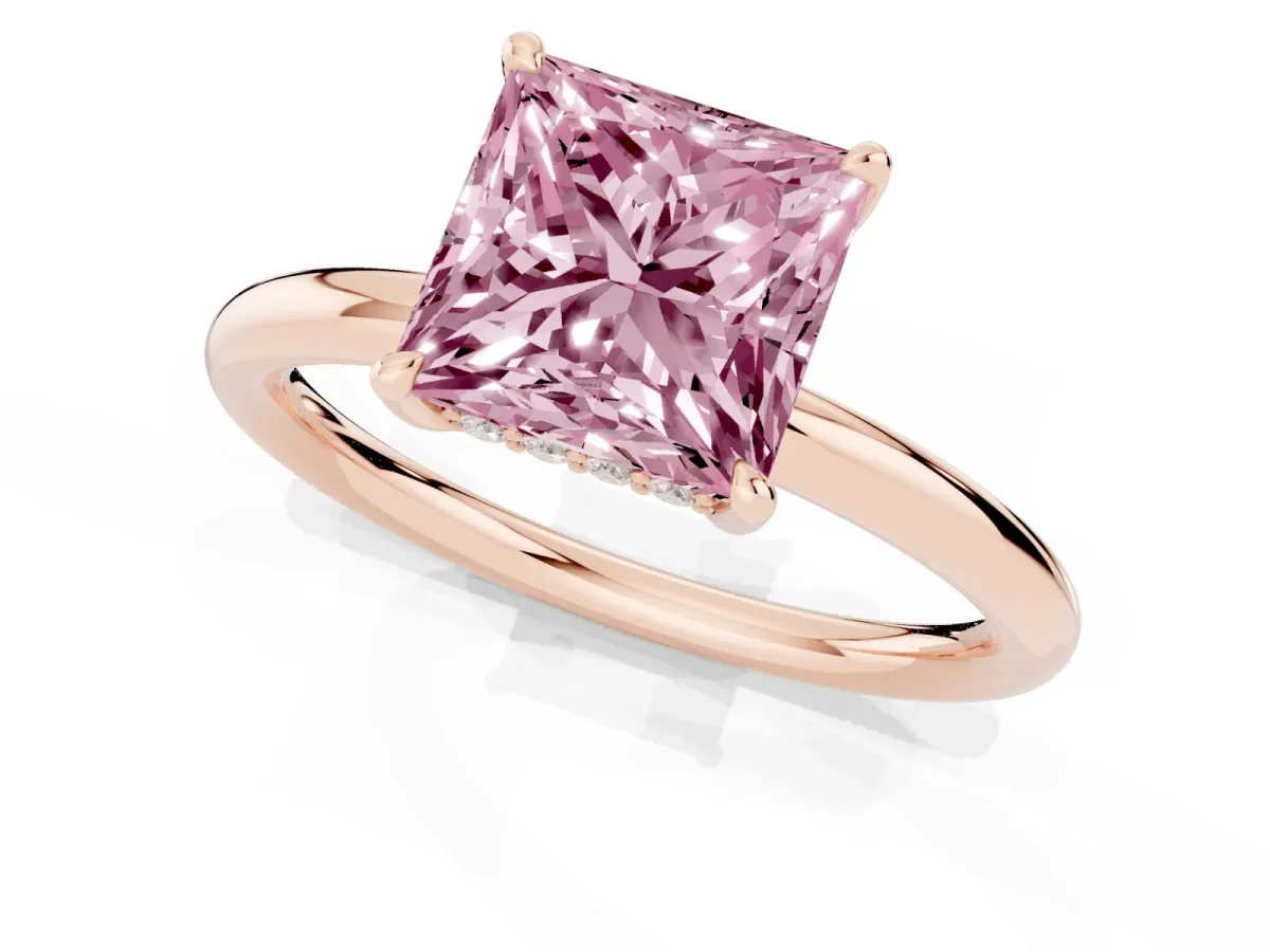 Fancy Pink Princess Cut Diamond Solitaire Ring with Thin Band and Four-Prong Setting Rose gold