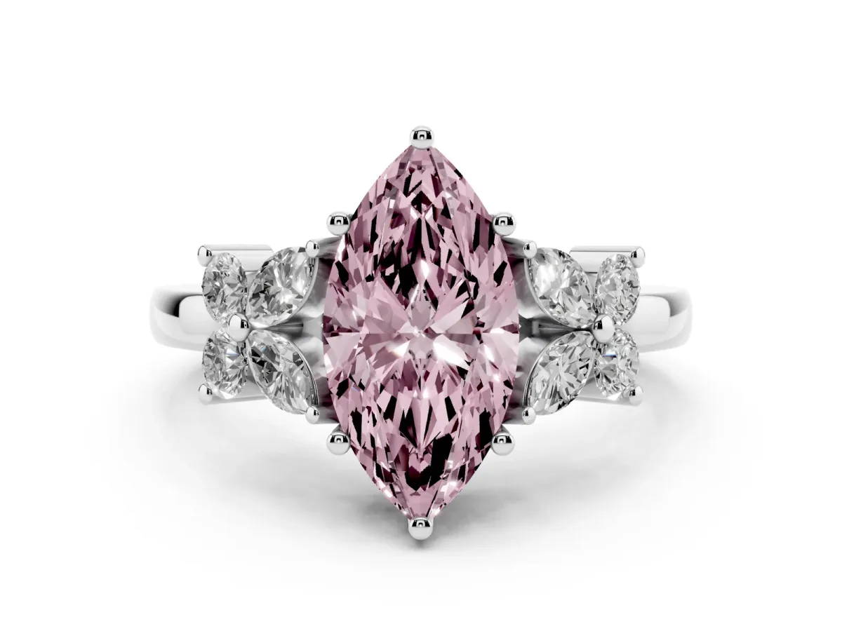 Fancy Pink Marquise Cut Diamond Floral Cluster Ring with Solitaire Band and Prong Setting Platinum