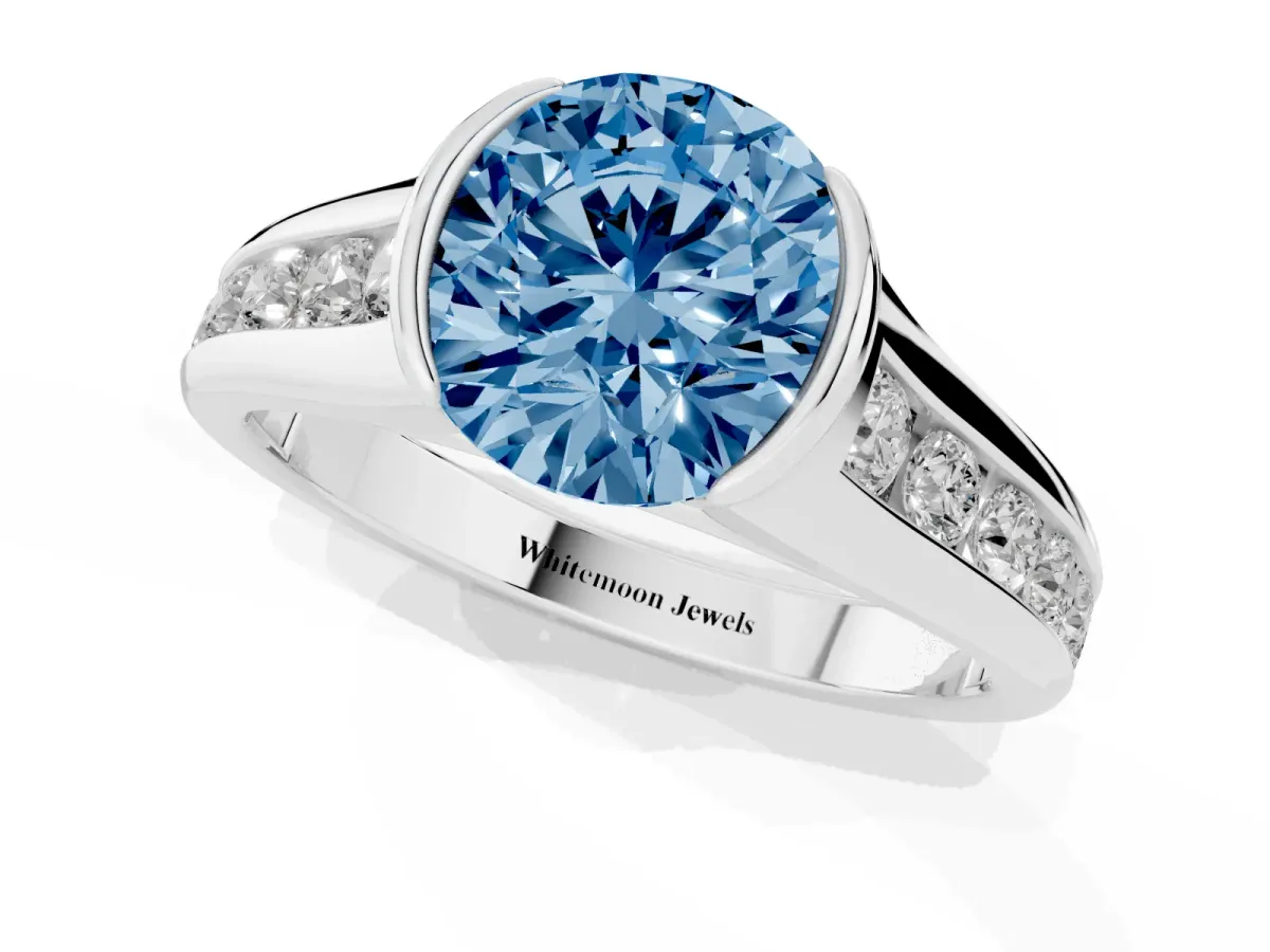 Fancy Blue Round Cut Solitaire Bezel-Set Diamond Ring with Channel-Set Band Platinum