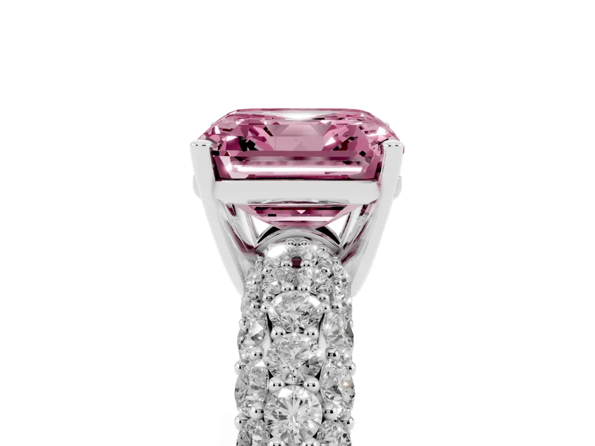Fancy Pink Asscher Cut Diamond Pavé Band Solitaire Ring with Four-Prong Setting Platinum