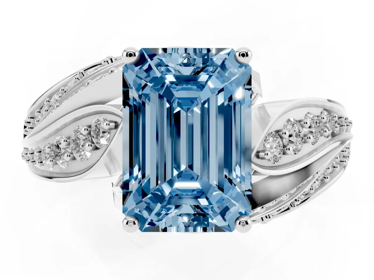 Fancy Blue Emerald Cut Diamond Solitaire Ring with Prong Setting and Twisted Pavé Band Platinum