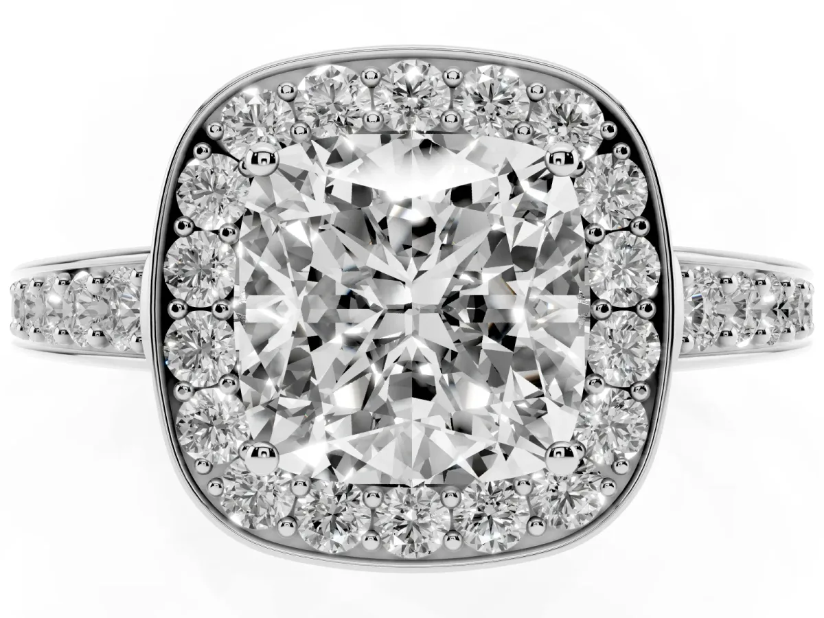 Cushion Cut Halo Pavé Diamond Engagement Ring with Bezel Setting Silver