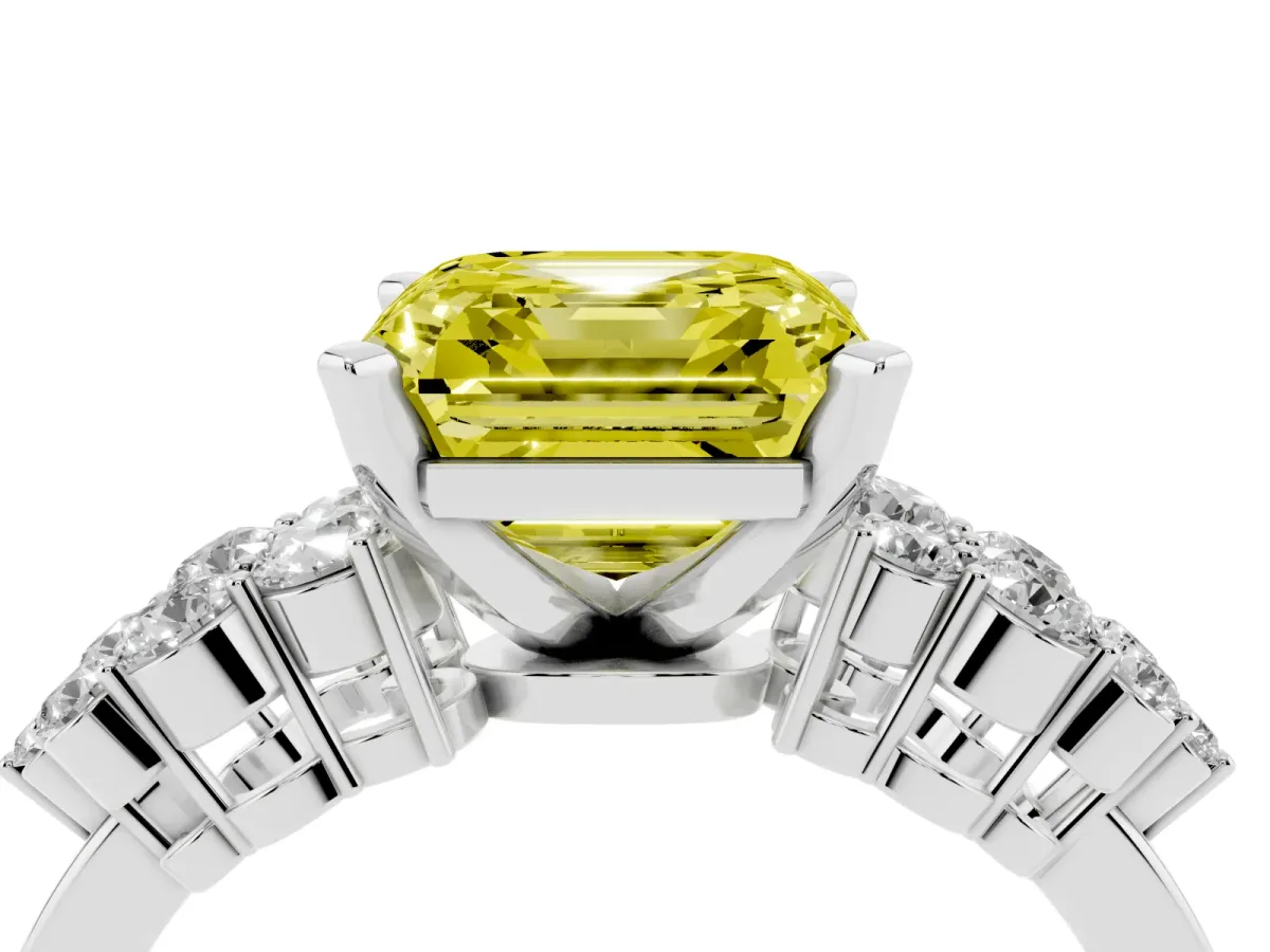 Fancy Yellow Asscher Cut Cluster Diamond Engagement Ring with Pavé Band and Four-Prong Setting Platinum