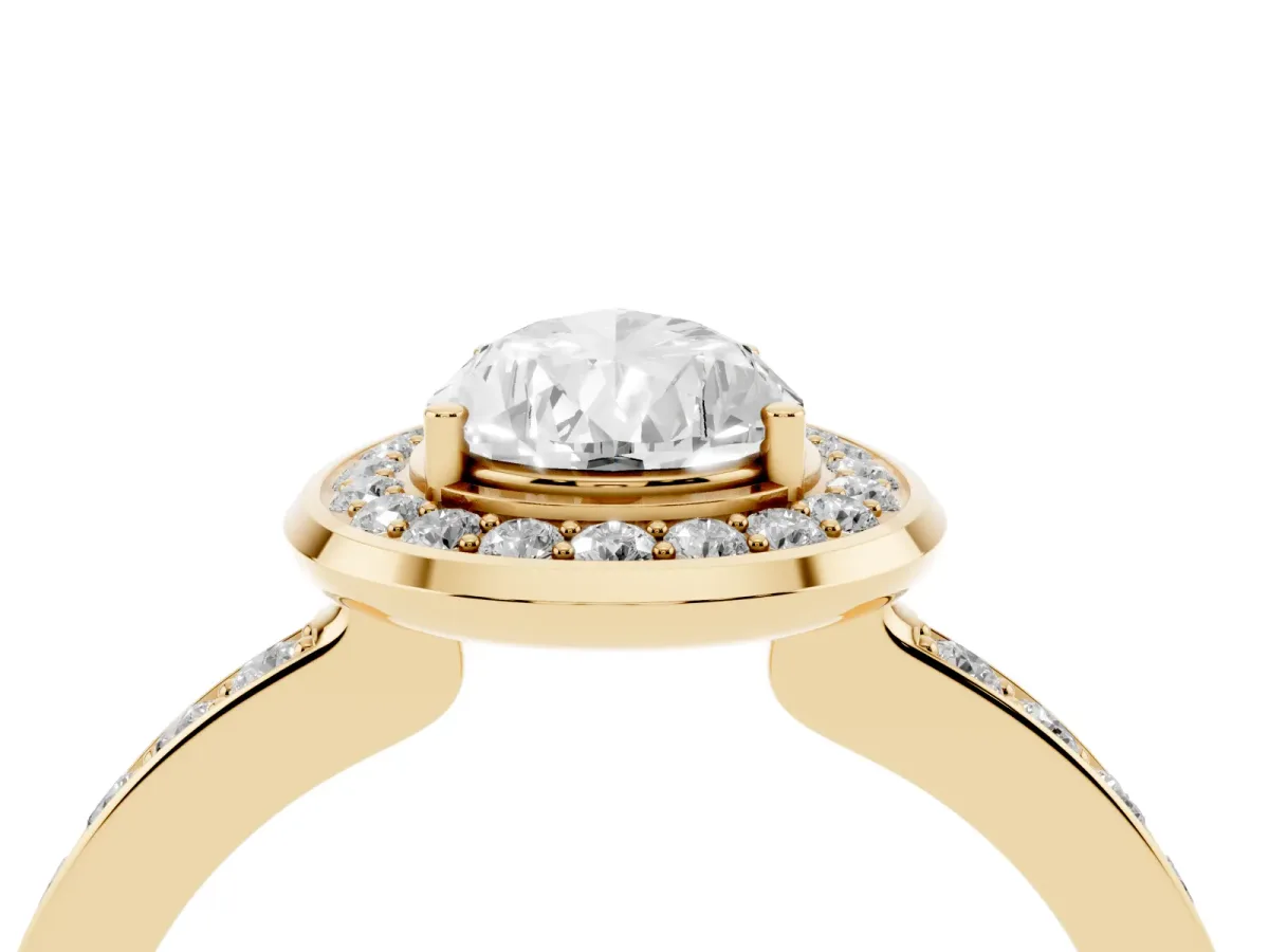 Pear Cut Diamond Halo Ring with Bezel Frame and Pavé Band Yellow gold