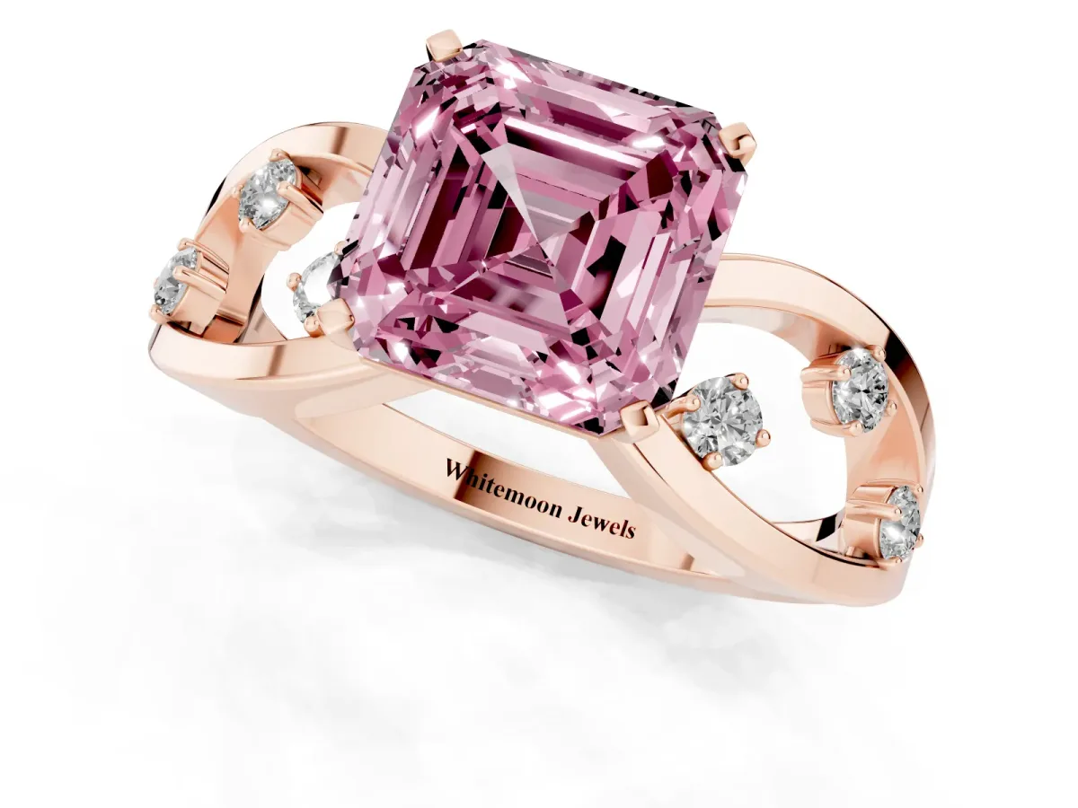 Fancy Pink Asscher Cut Cut Solitaire Diamond with Side Stones on Criss-Cross Band and Four-Prong Setting Rose gold
