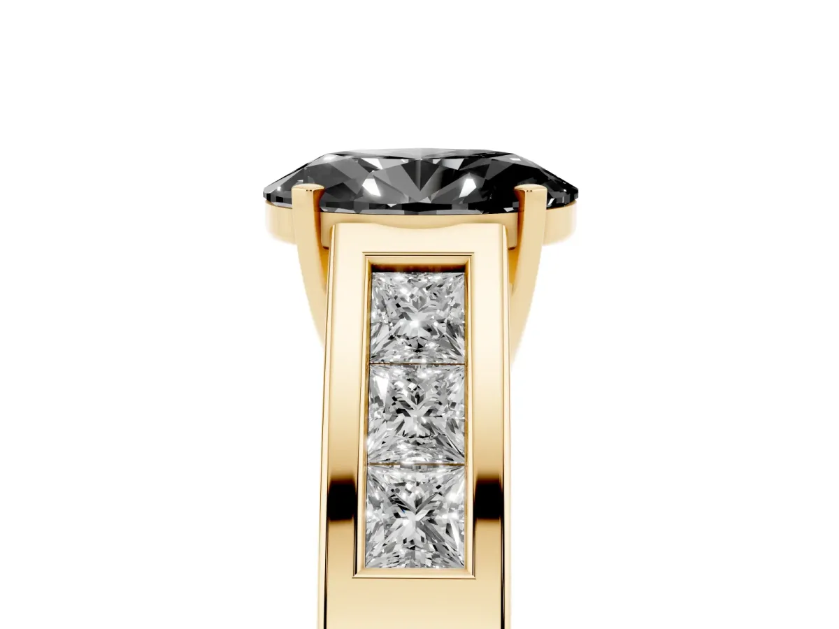 Fancy Black Oval Cut Cut Channel Set Solitaire Ring with Four-Prong Setting Yellow gold