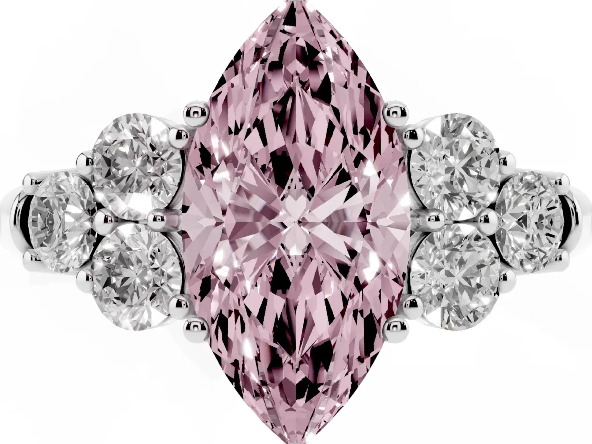 Fancy Pink Marquise Cut Cut Diamond Cluster Ring with Round Accent Stones and Prong Setting on a Classic Band Platinum