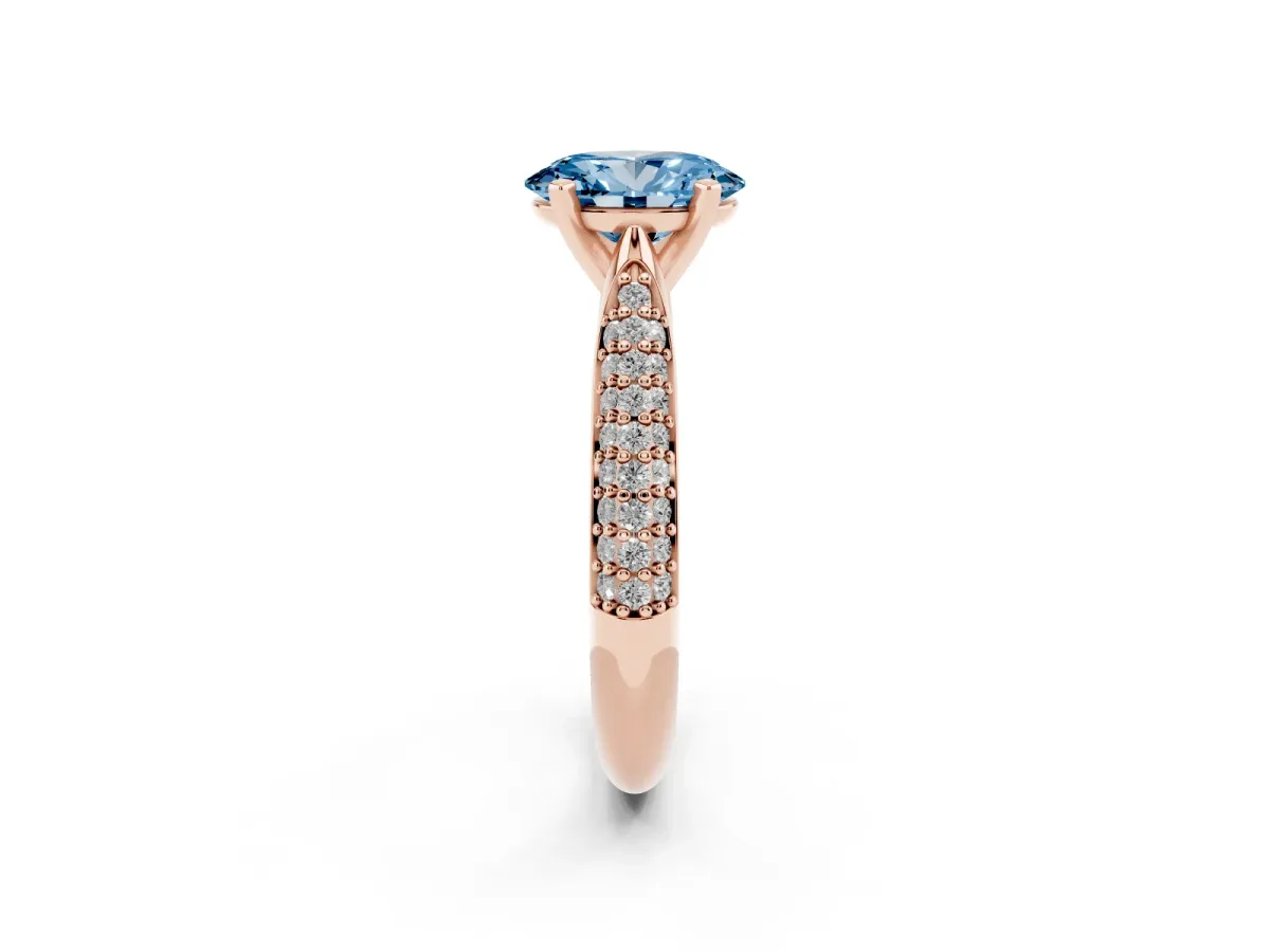 Fancy Blue Oval Cut Diamond Solitaire Engagement Ring with Multi-Row Round Pavé Band and Prong Setting Rose gold
