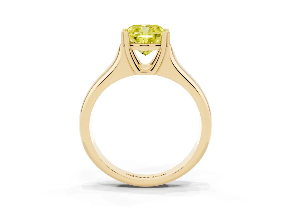 Fancy Yellow Cushion Cut Diamond Solitaire Ring with Wide Band and Prong Setting Yellow gold