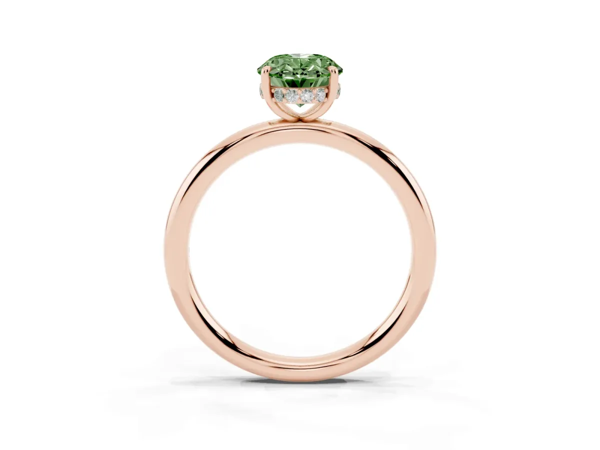 Fancy Green Oval Cut Diamond Solitaire Ring with Thin Band and Four-Prong Setting Rose gold