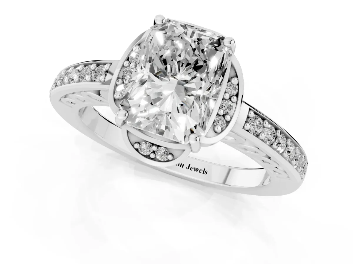 Radiant Cut Cut Halo Diamond Ring with Channel Set Band and Four-Prong Setting White gold