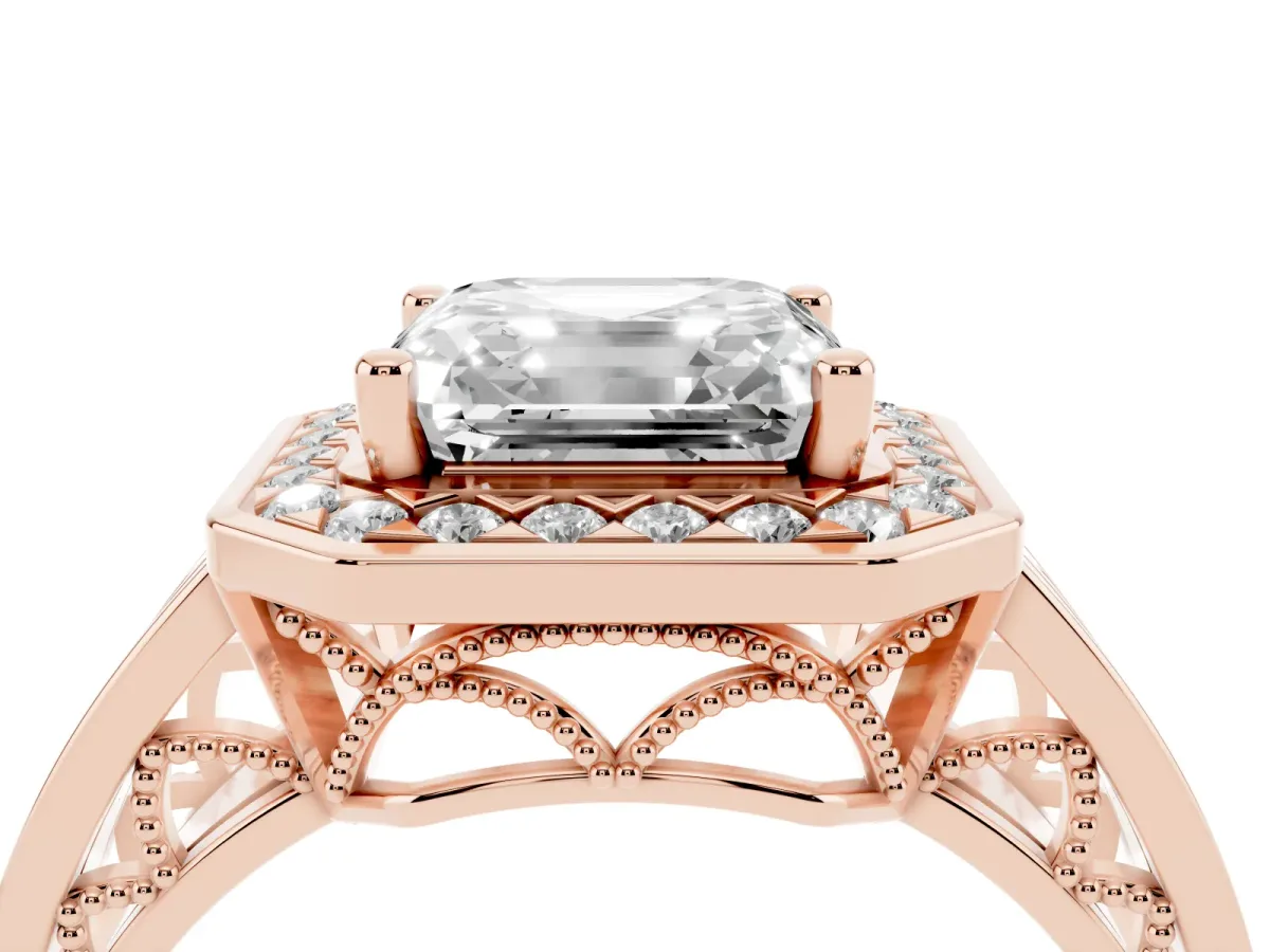 Asscher Cut Diamond Halo Ring with Split Shank and Bezel Accents and Prong Setting Rose gold