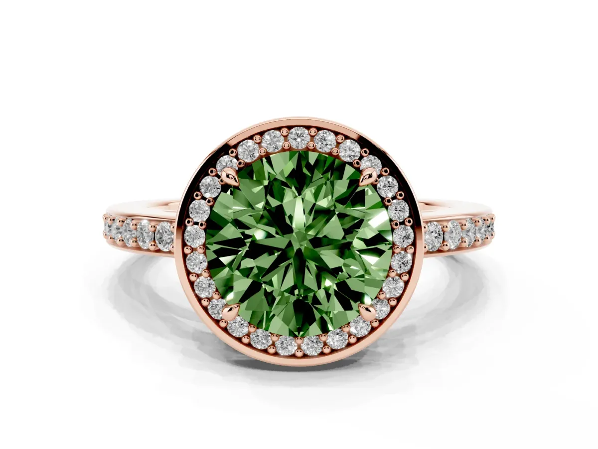 Fancy Green Round Cut Halo Pave Band Solitaire Ring with Prong Setting Rose gold