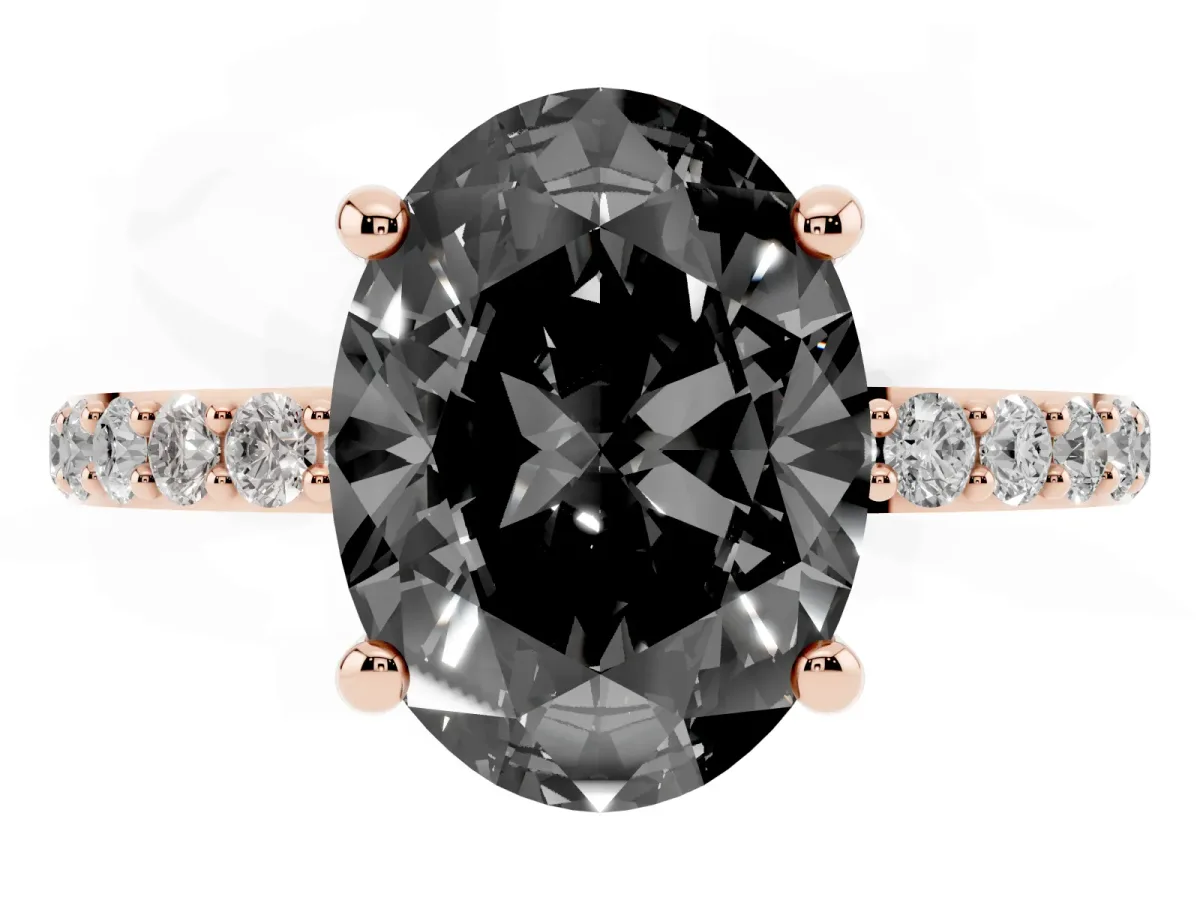 Fancy Black Oval Cut Diamond Solitaire Ring with Round Pavé Band and Prong Setting Rose gold