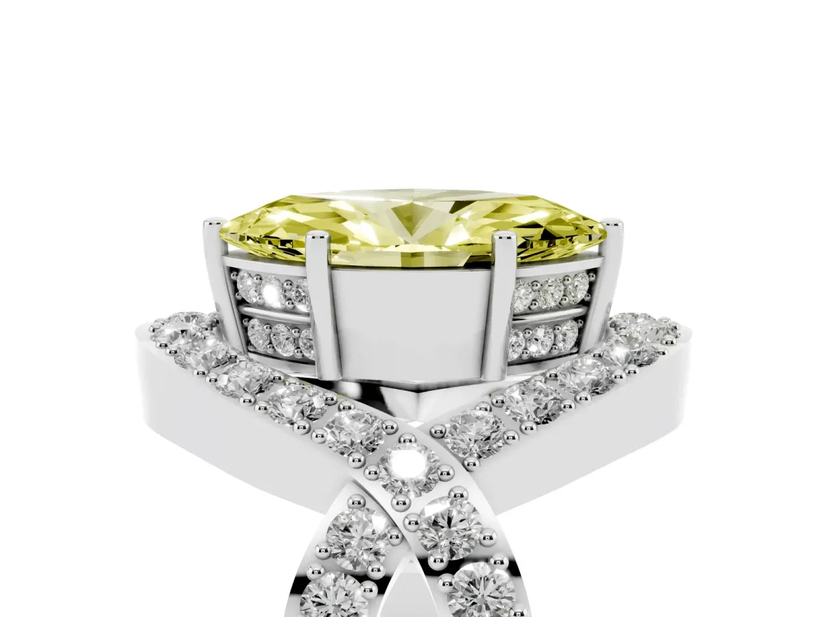Fancy Yellow Marquise Cut Solitaire Twist Band Pavé Diamond Engagement Ring Silver