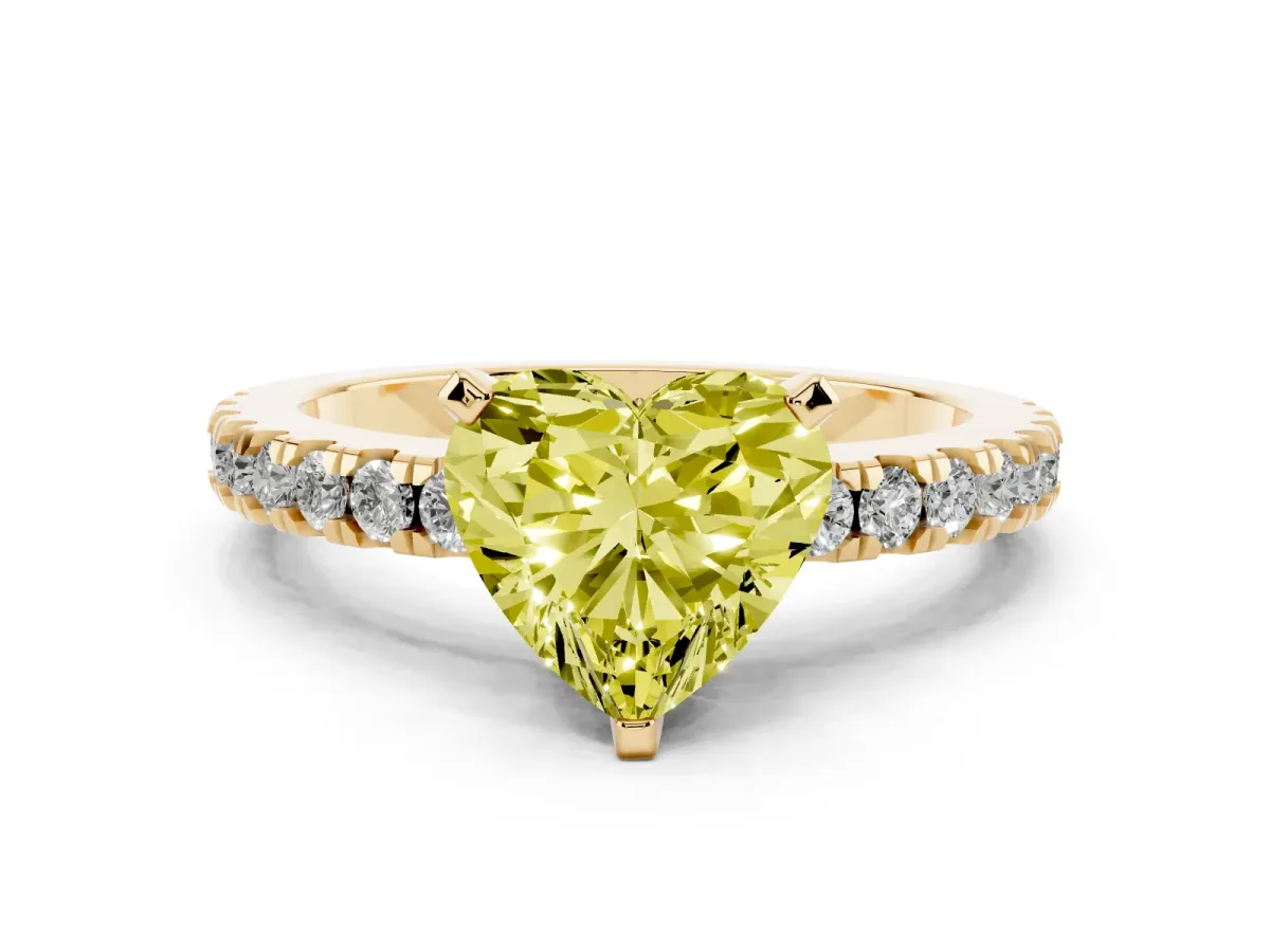 Fancy Yellow Heart Cut Solitaire Diamond with Pavé Band and Four-Prong Setting Yellow gold