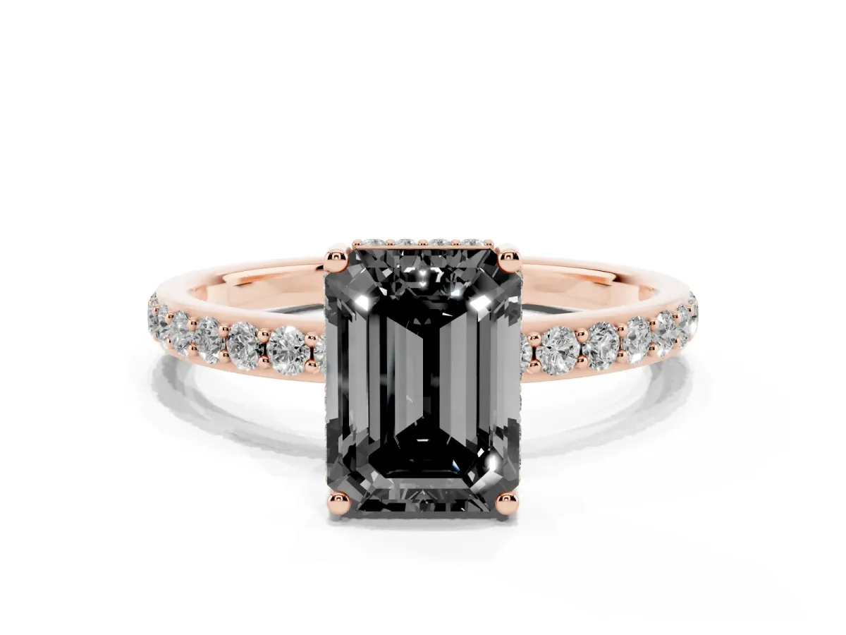Fancy Black Emerald Cut Diamond Solitaire Ring with Pavé Band and Hidden Halo Rose gold