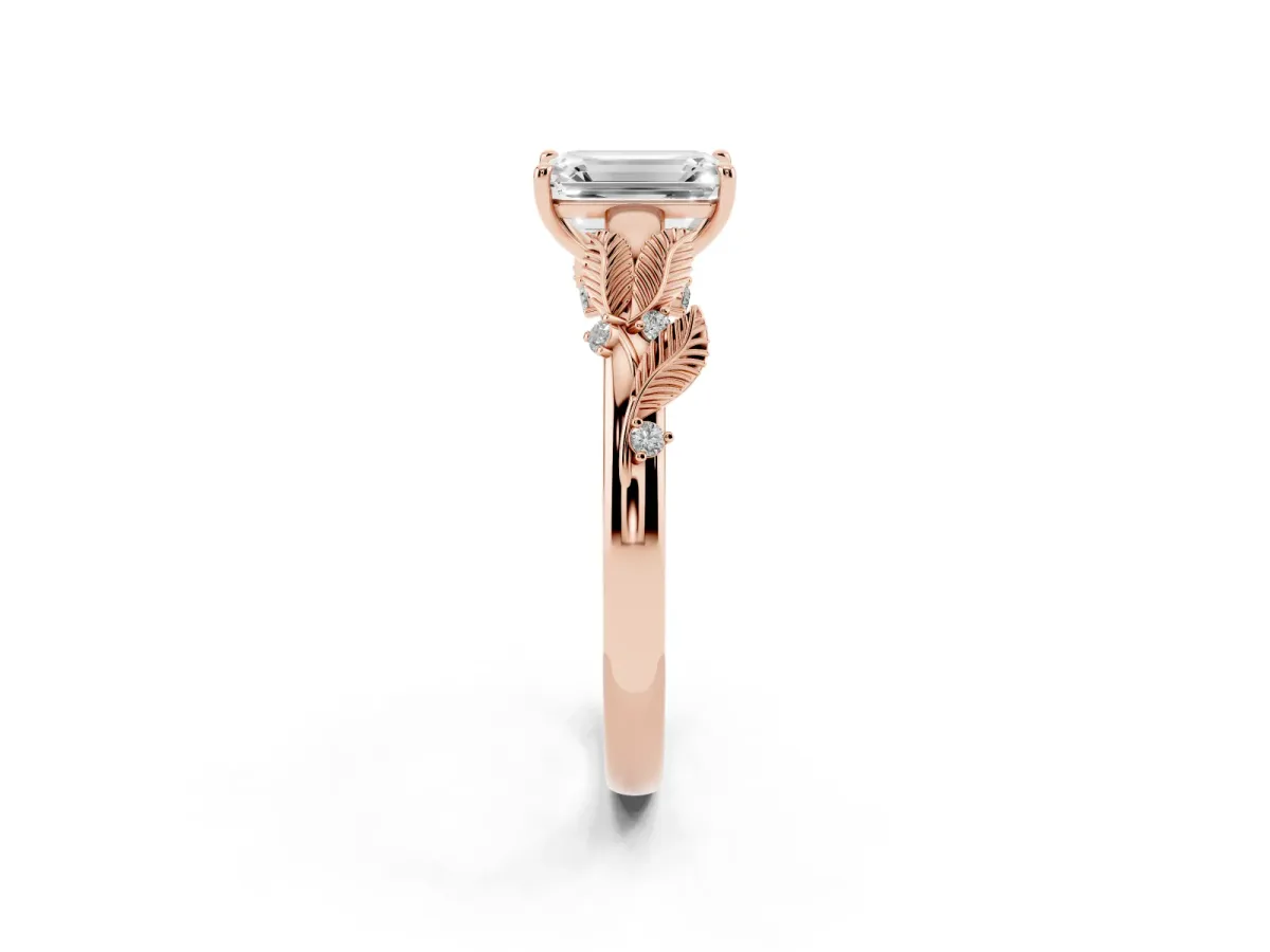Emerald Cut Diamond Solitaire Ring with Leaf Motif Band and Four-Prong Setting Rose gold