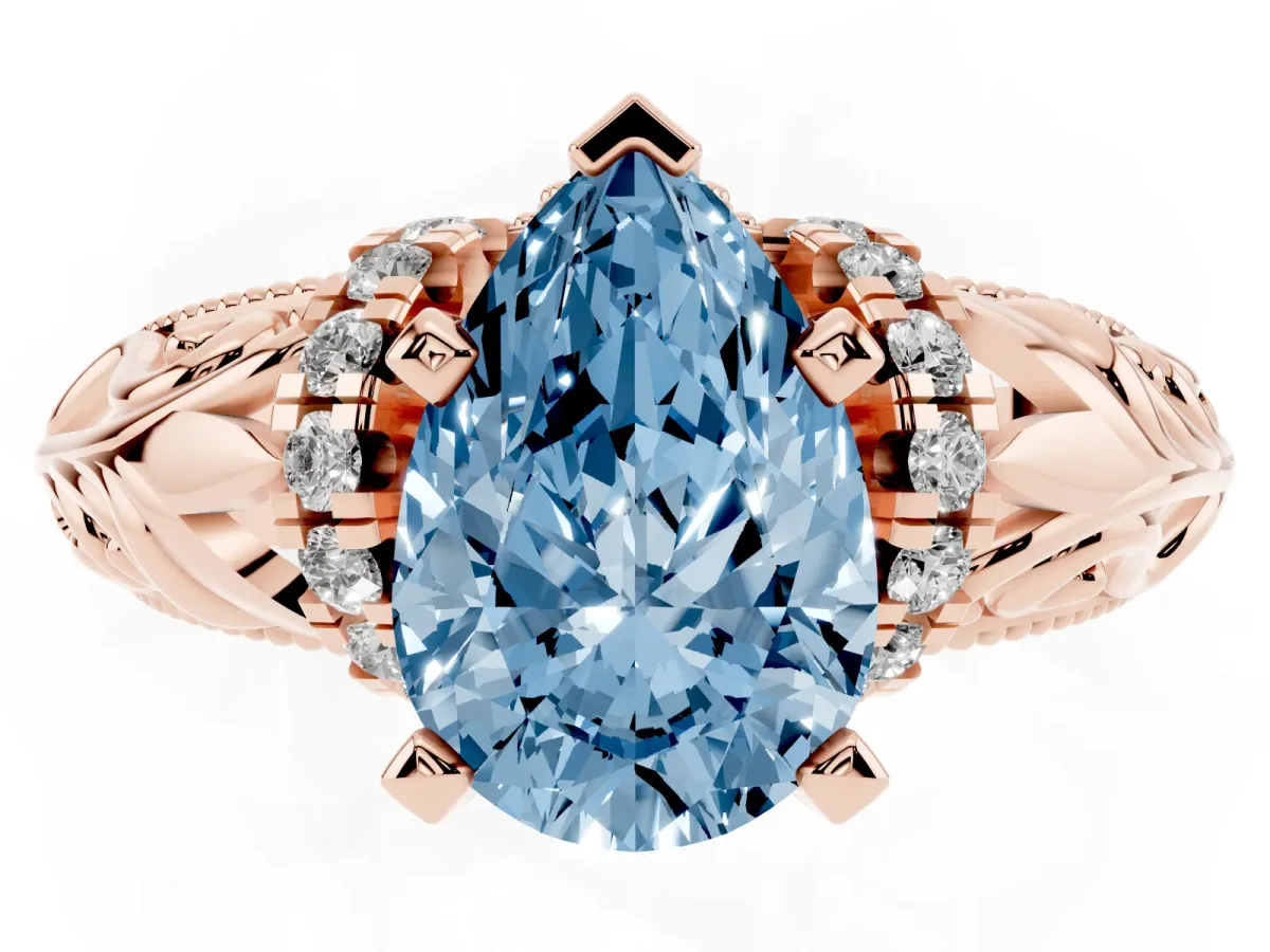 Fancy Blue Pear Cut Solitaire Filigree Engagement Ring with Halo and Prong Setting Rose gold