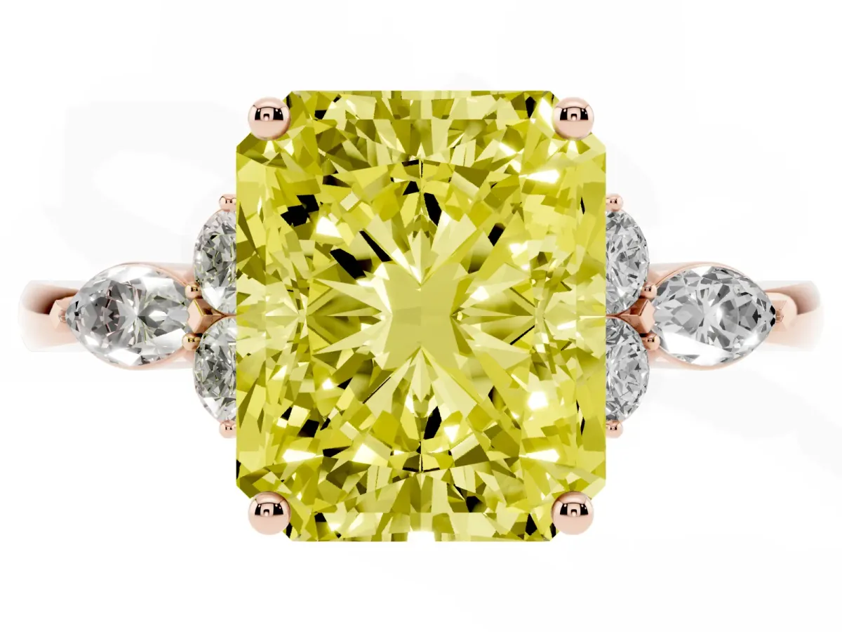 Fancy Yellow Radiant Cut Brilliant Diamond Solitaire Ring with Pear Side Stones and Four-Prong Setting Rose gold