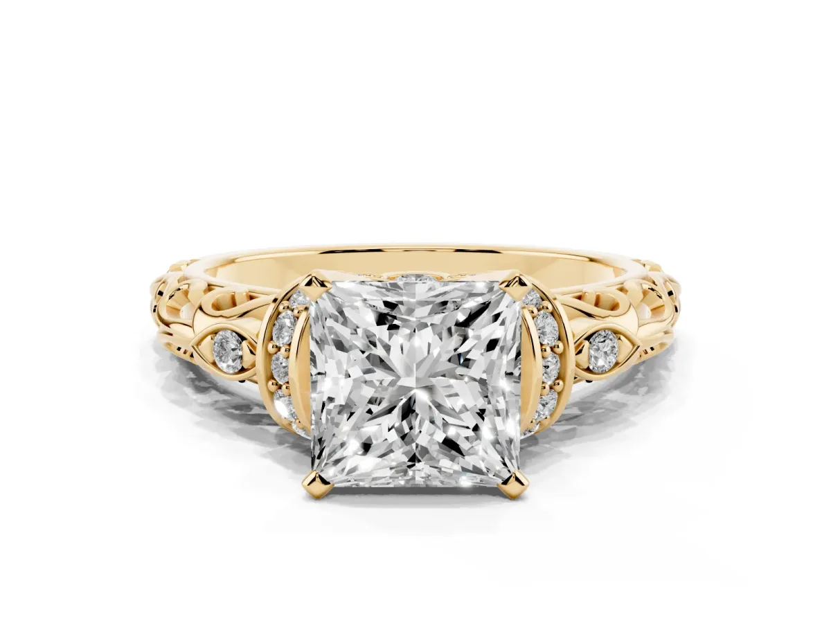 Princess Cut Diamond Solitaire Ring with Filigree Band and Four-Prong Setting Yellow gold