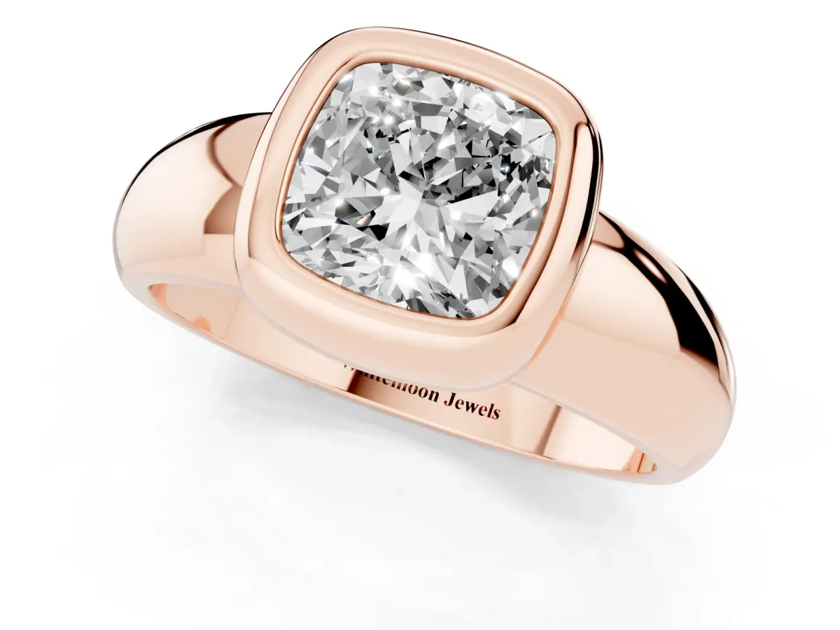 Bezel Set Cushion Cut Solitaire Ring with Wide Band Rose gold