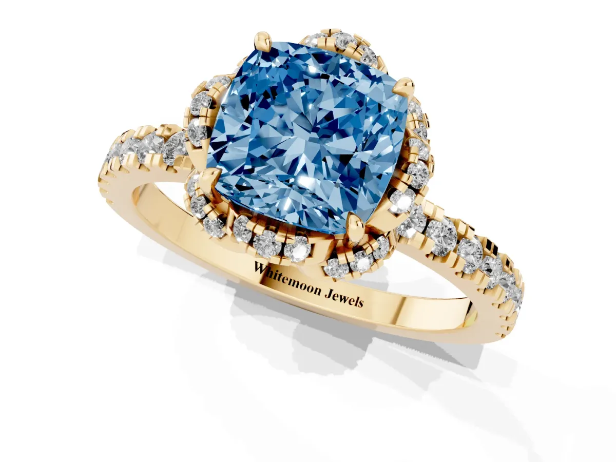 Fancy Blue Cushion Cut Halo Diamond Pave Band Ring with Four-Prong Setting Yellow gold