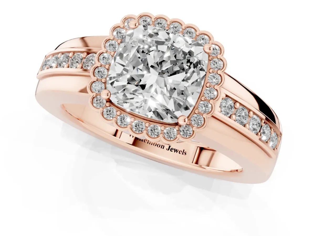 Cushion Cut Cut Halo Pave Band Four-Prong Ring Rose gold