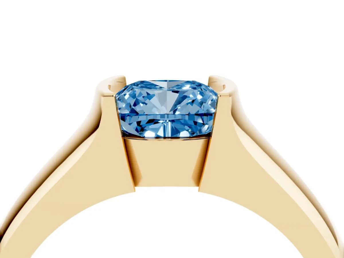 Fancy Blue Cushion Cut Solitaire Bezel Set Diamond Ring with Wide Band Yellow gold