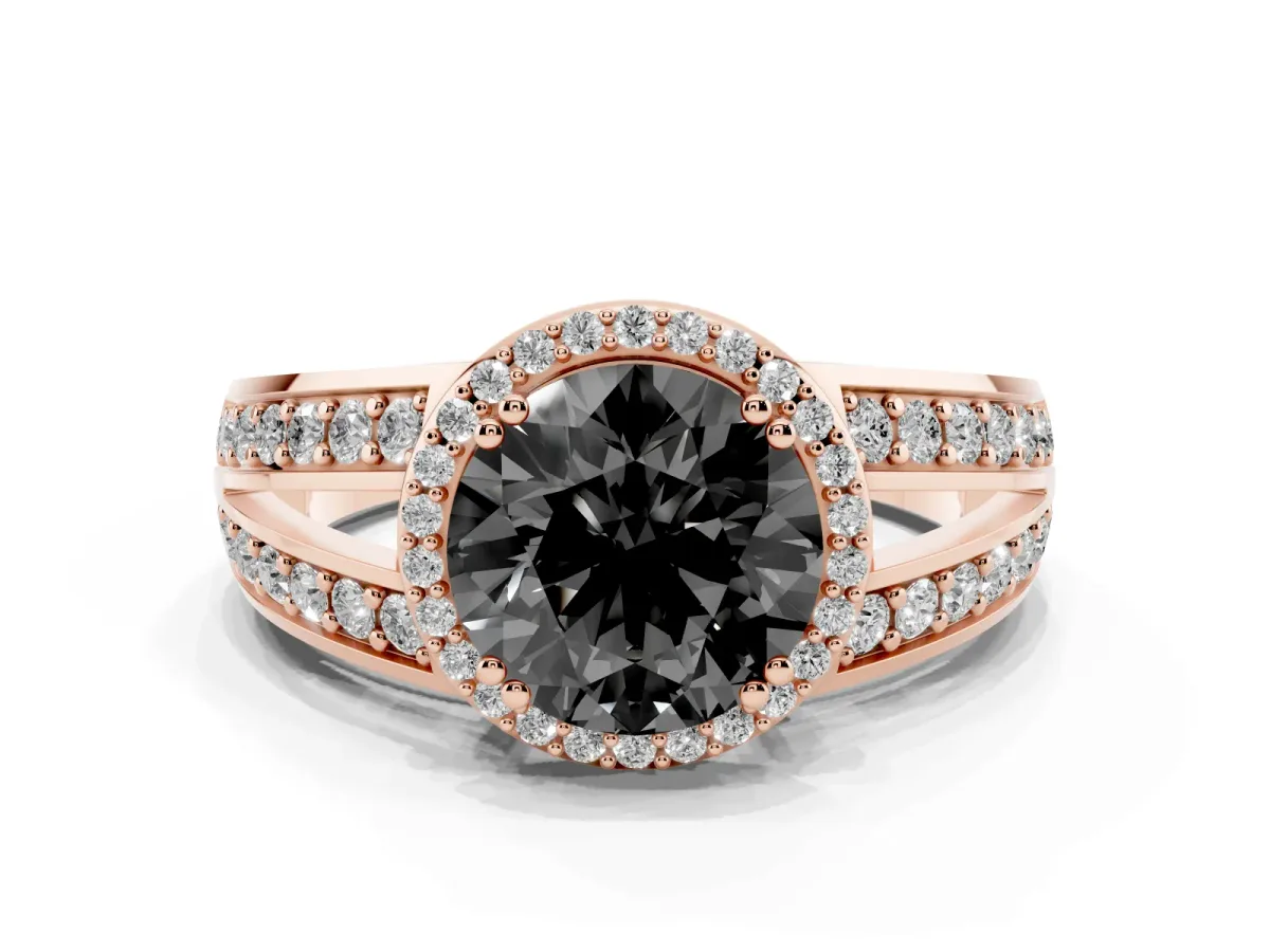 Fancy Black Round Cut Diamond Halo Ring with Split Shank Pavé Band and Four-Prong Setting Rose gold