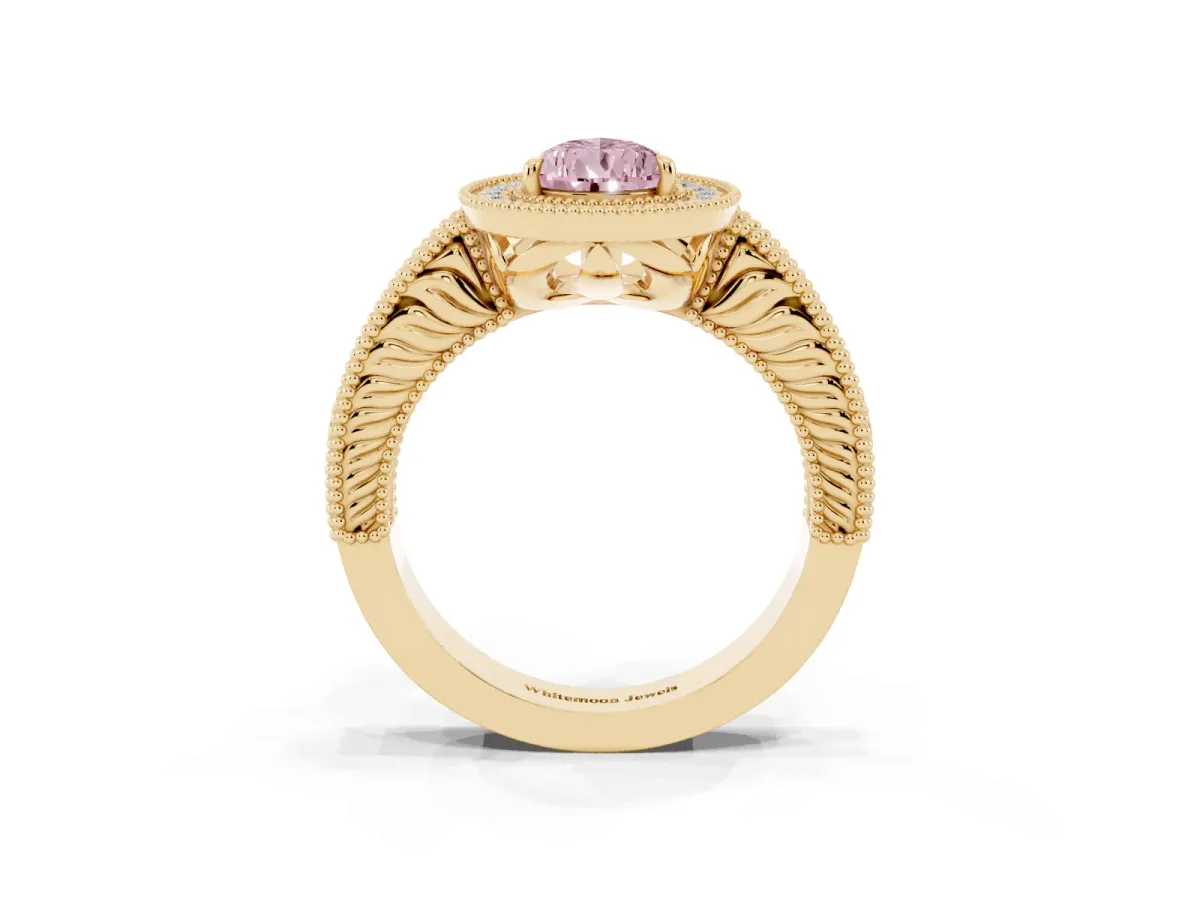 Fancy Pink Pear Cut Cut Halo Diamond Ring with Pavé Band and Four-Prong Setting Yellow gold