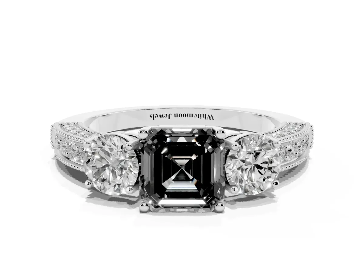 Fancy Black Asscher Cut Three-Stone Diamond Ring with Pavé Band and Four-Prong Setting Silver