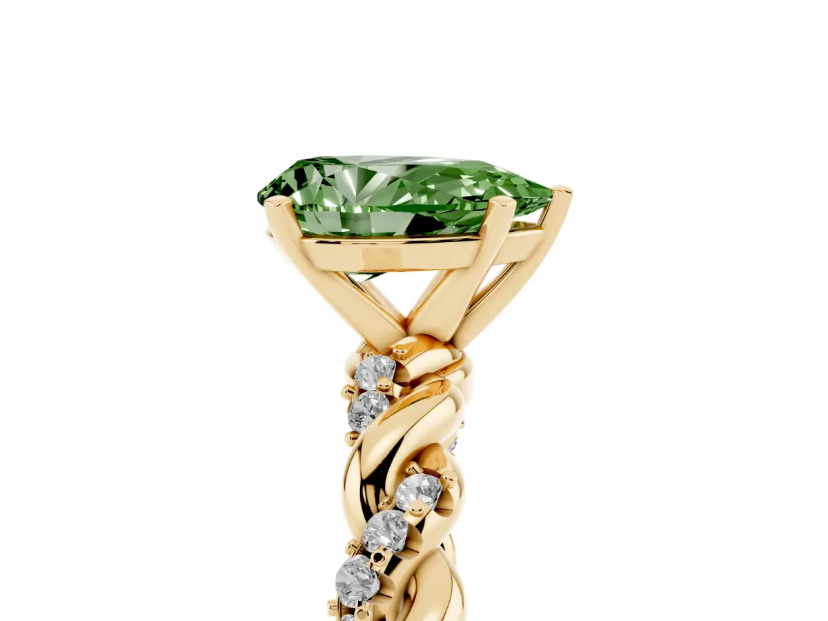 Fancy Green Pear Cut Diamond Solitaire Ring with Twisted Band and Pavé Accents Yellow gold