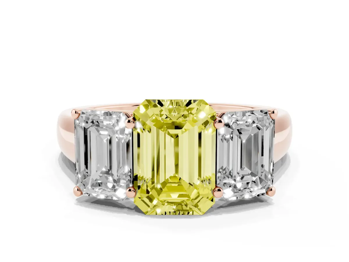 Fancy Yellow Emerald Cut Three-Stone Diamond Ring with Prong Setting on a Classic Band Rose gold