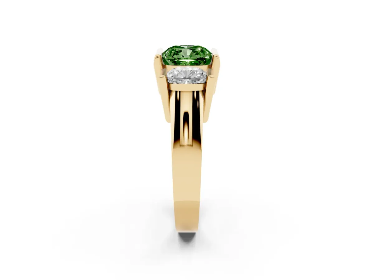 Fancy Green Three Stone Cushion Cut Cut Channel Set Diamond Ring Yellow gold