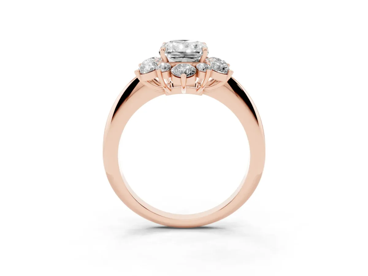 Radiant Cut Diamond Cluster Halo Ring with Solitaire Band and Four-Prong Setting Rose gold
