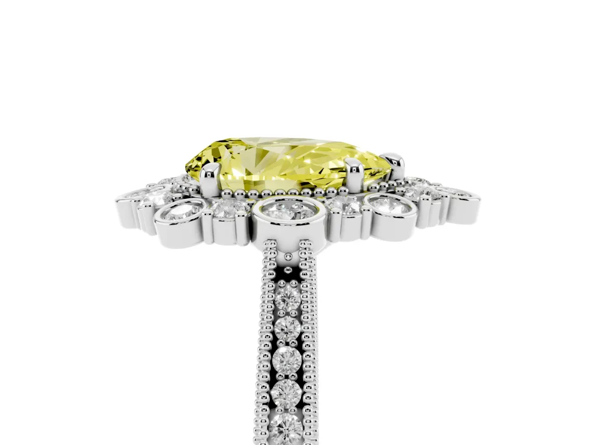 Fancy Yellow Pear Cut Halo Milgrain Pave Diamond Ring with Four-Prong Setting Silver