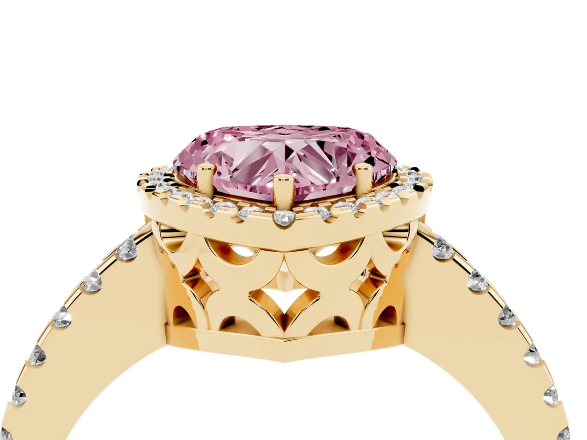 Fancy Pink Heart Cut Diamond Halo Engagement Ring with Pavé Band and Prong Setting Yellow gold