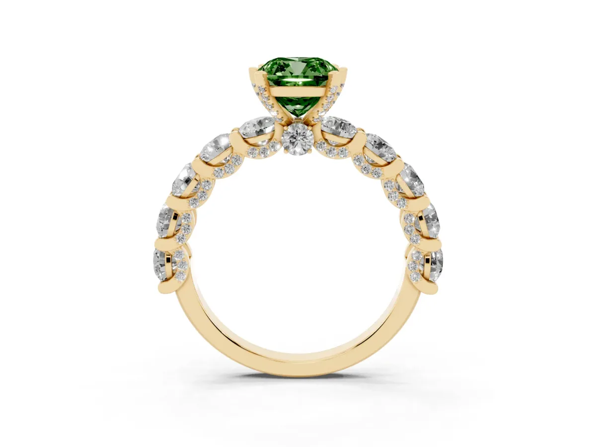Fancy Green Cushion Cut Diamond Side Stone Engagement Ring with Four-Prong Setting Yellow gold