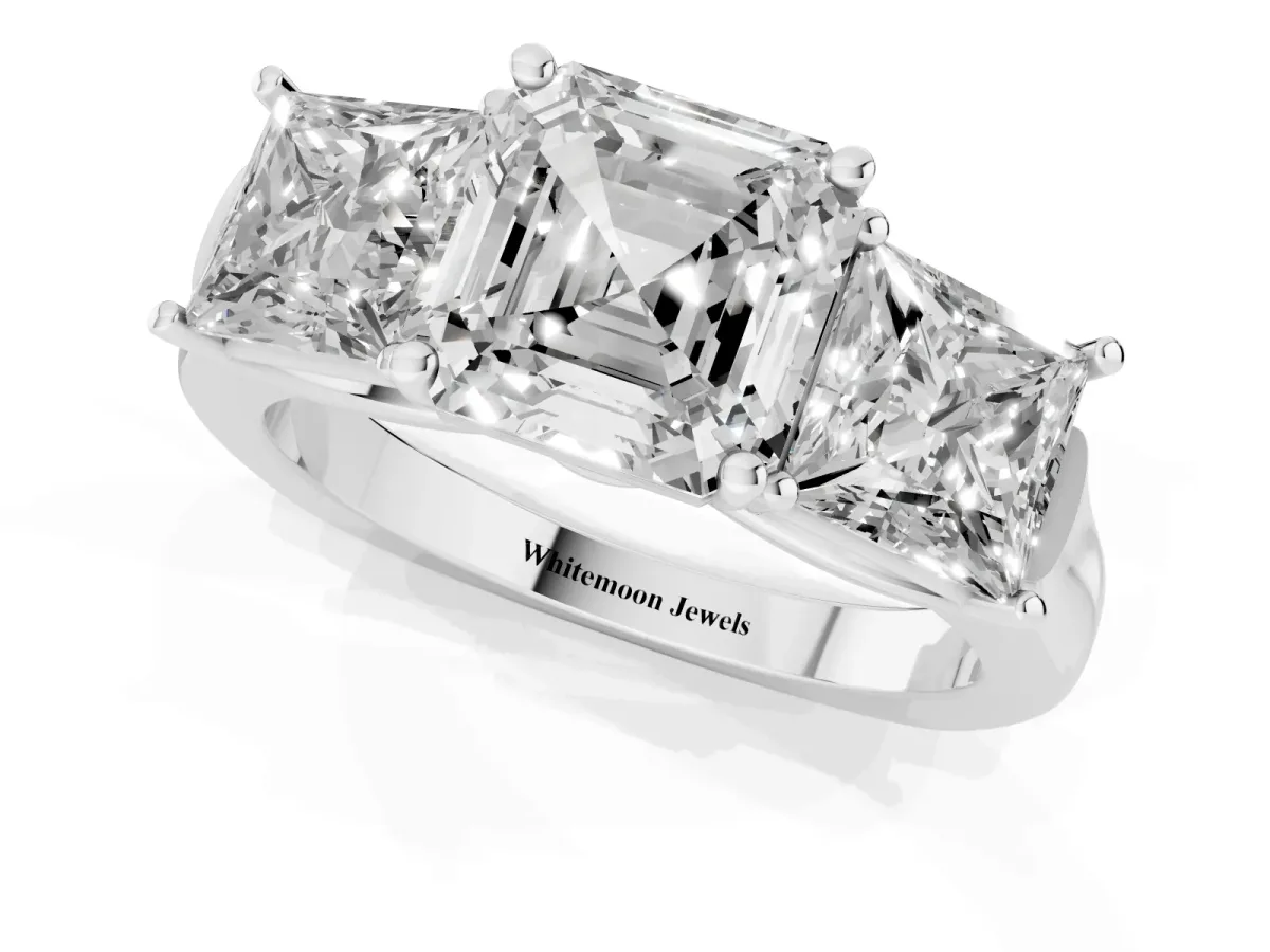 Three-Stone Asscher Cut Brilliant Diamond Trellis Ring with Comfort Fit Band Platinum