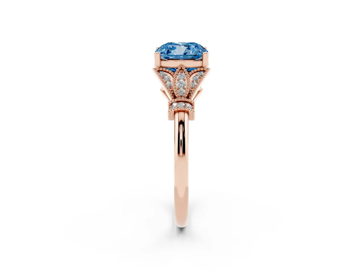 Fancy Blue Cushion Cut Diamond Solitaire Ring with Floral Filigree and Pave Accents Rose gold
