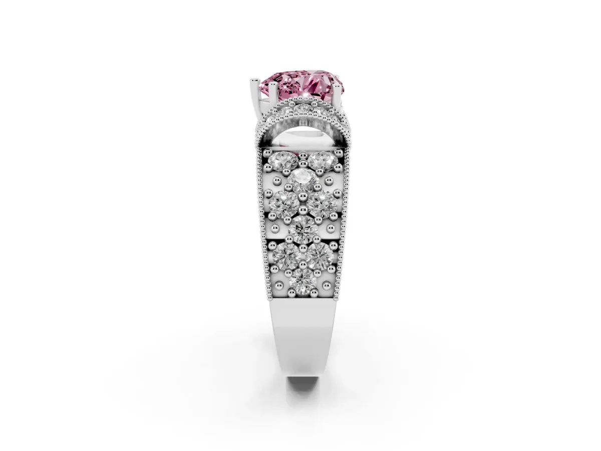 Fancy Pink Heart Cut Halo Pave Diamond Engagement Ring with Milgrain Detailing Silver