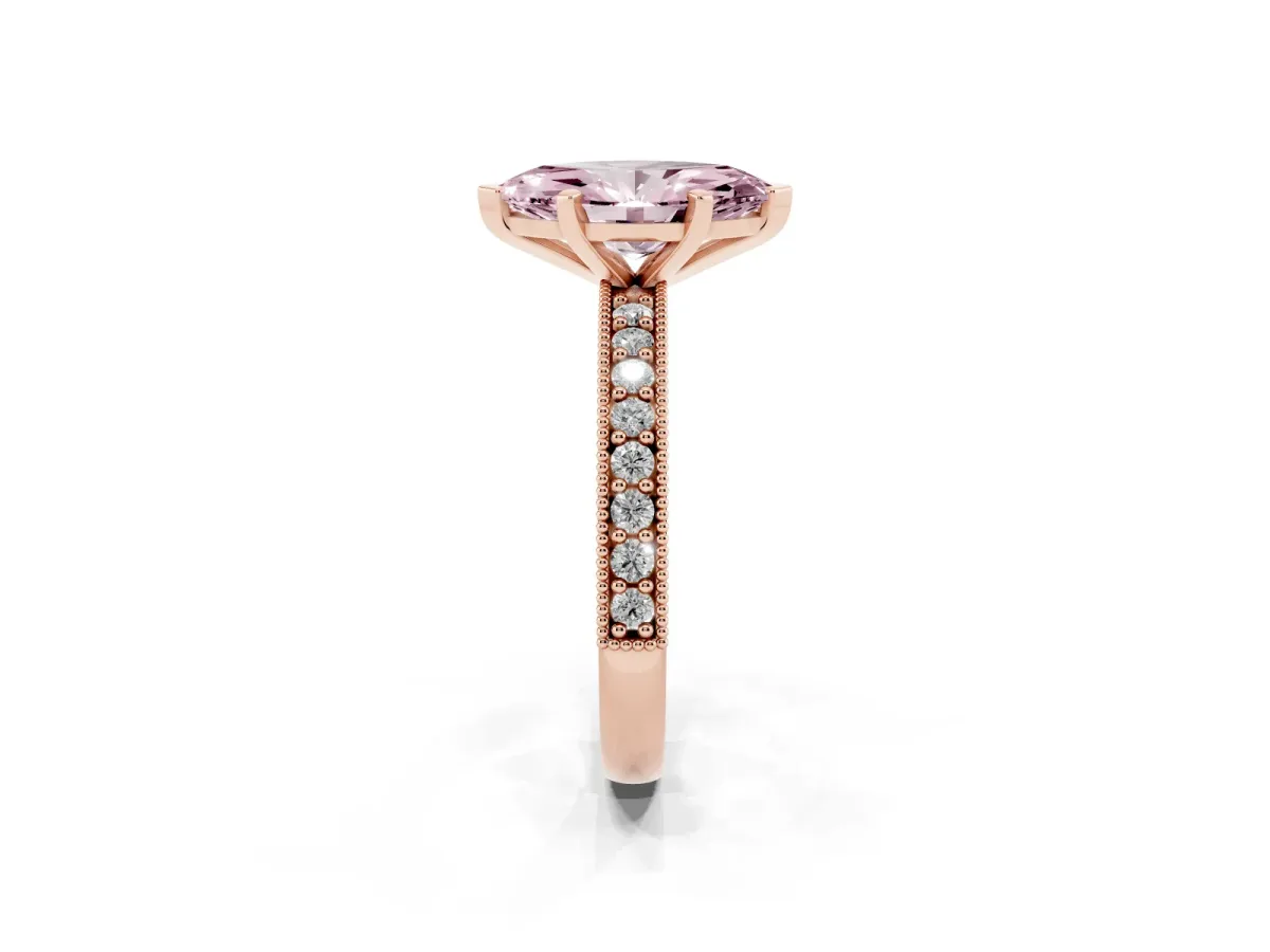 Fancy Pink Marquise Cut Diamond Milgrain Pavé Engagement Ring with Four-Prong Setting Rose gold