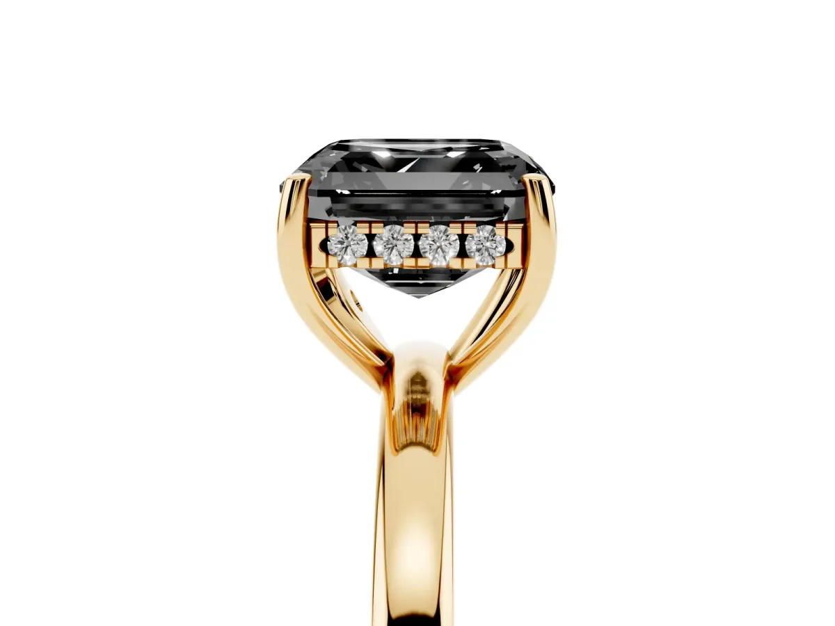 Fancy Black Asscher Cut Solitaire Diamond Ring with Prong Setting and Plain Band Yellow gold