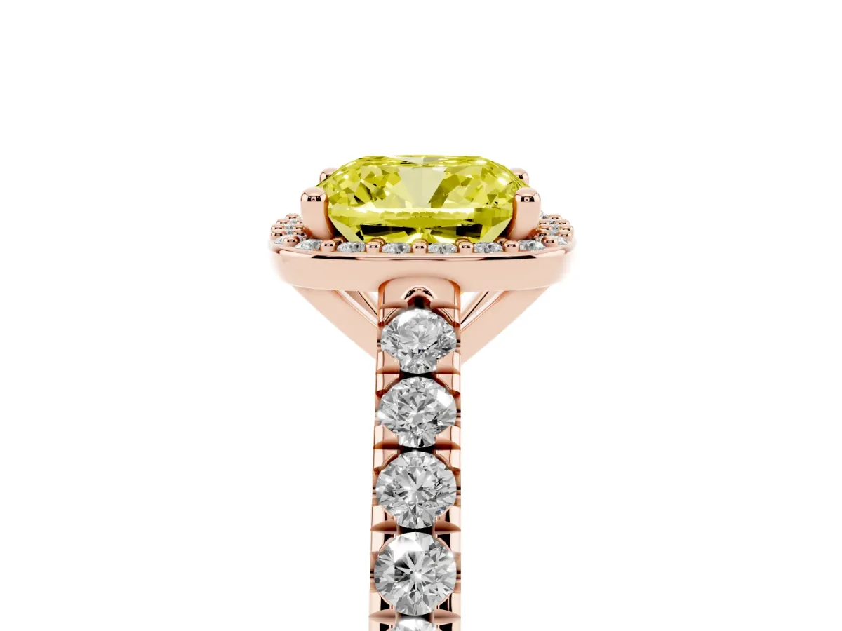 Fancy Yellow Cushion Cut Cut Halo Diamond Engagement Ring with Pave Band and Four-Prong Setting Rose gold