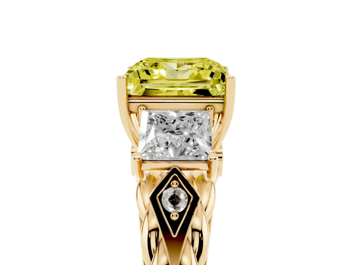 Fancy Yellow Three-Stone Princess Cut Diamond Braided Band Ring with Four-Prong Setting Yellow gold
